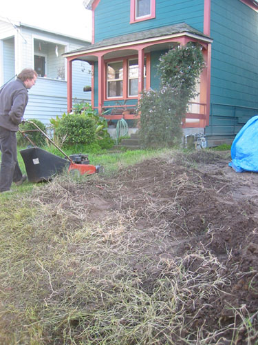 Mowing the grass off the bricks