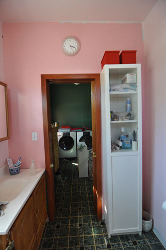 The bathroom shelves, after