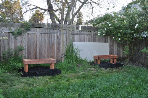 Hive stands in place with mulch for weed suppression