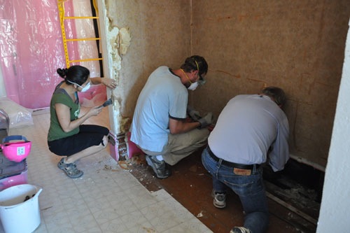 A careful start to plaster removal in the downstairs bathroom