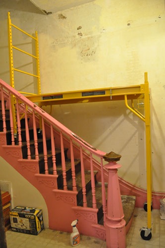 Scaffolding set up on the stairs