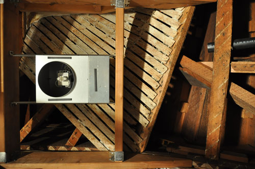 Ceiling with fan in place, and vent stub