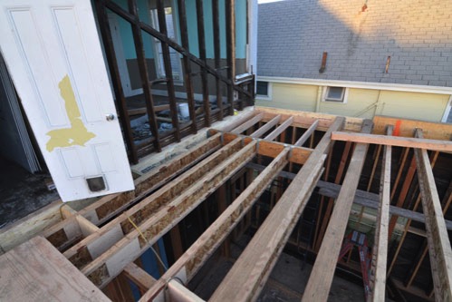 Upstairs back bathroom floor framing