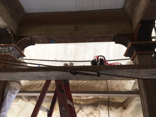 Replaced column tops with the porch ceiling